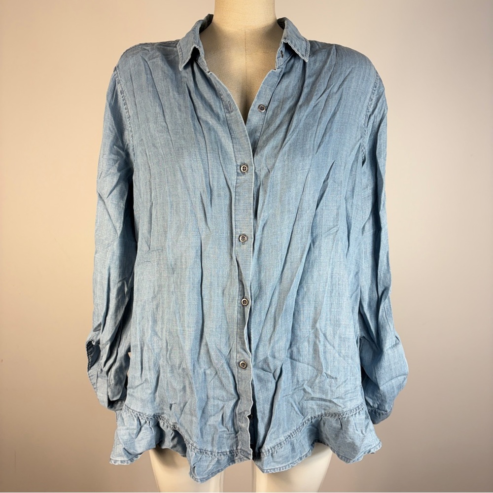 Standard Grace Lyocell Chambray Button Down Shirt | Light Wash Ruffle Hem Top L